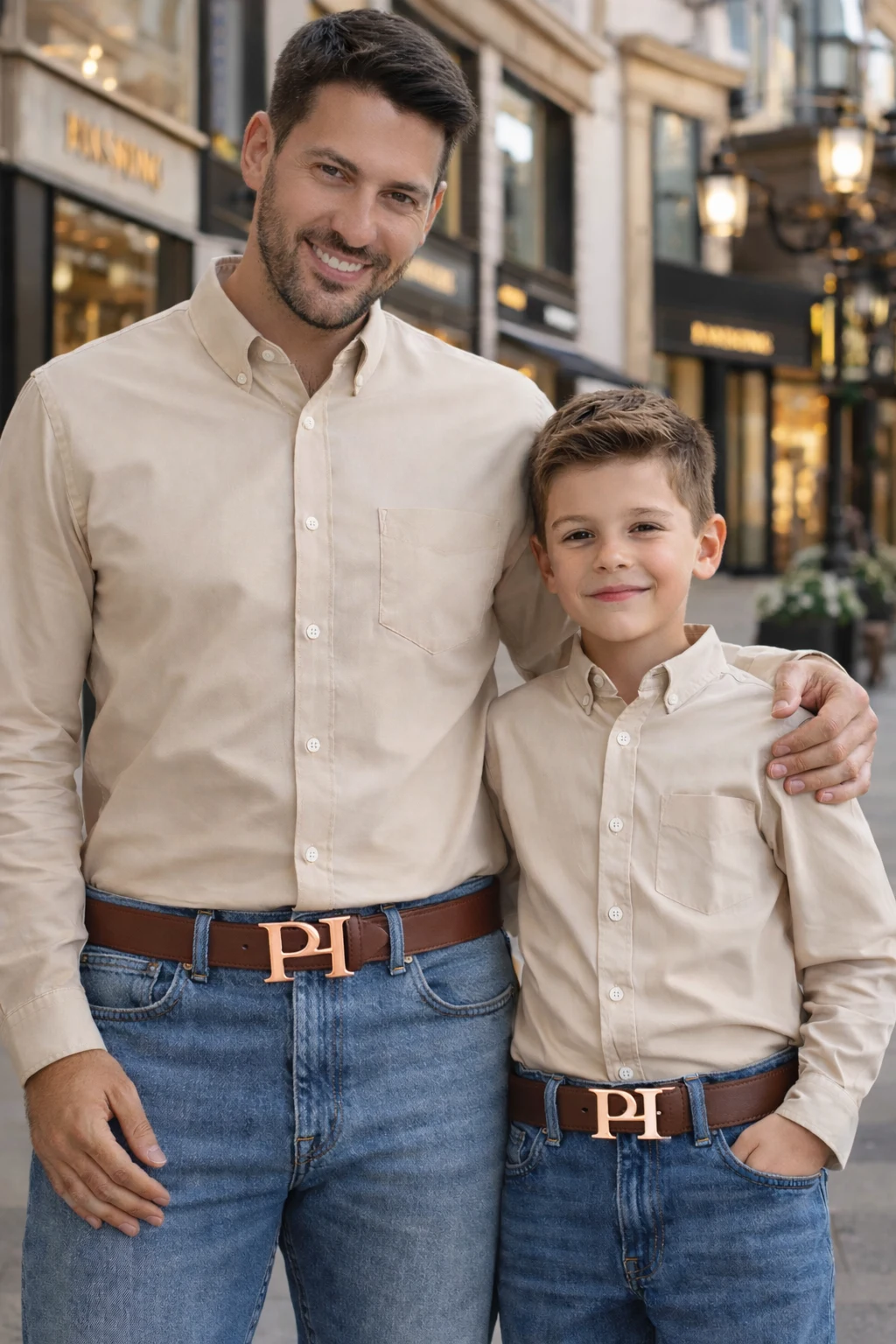 Vader en zoon met matching bruine PADIJO-riemen